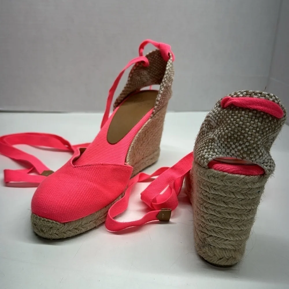 Castaner Espadrilles Wedges Sandals Wrap Around Shoe Lace Up Neon Pink Size US 9